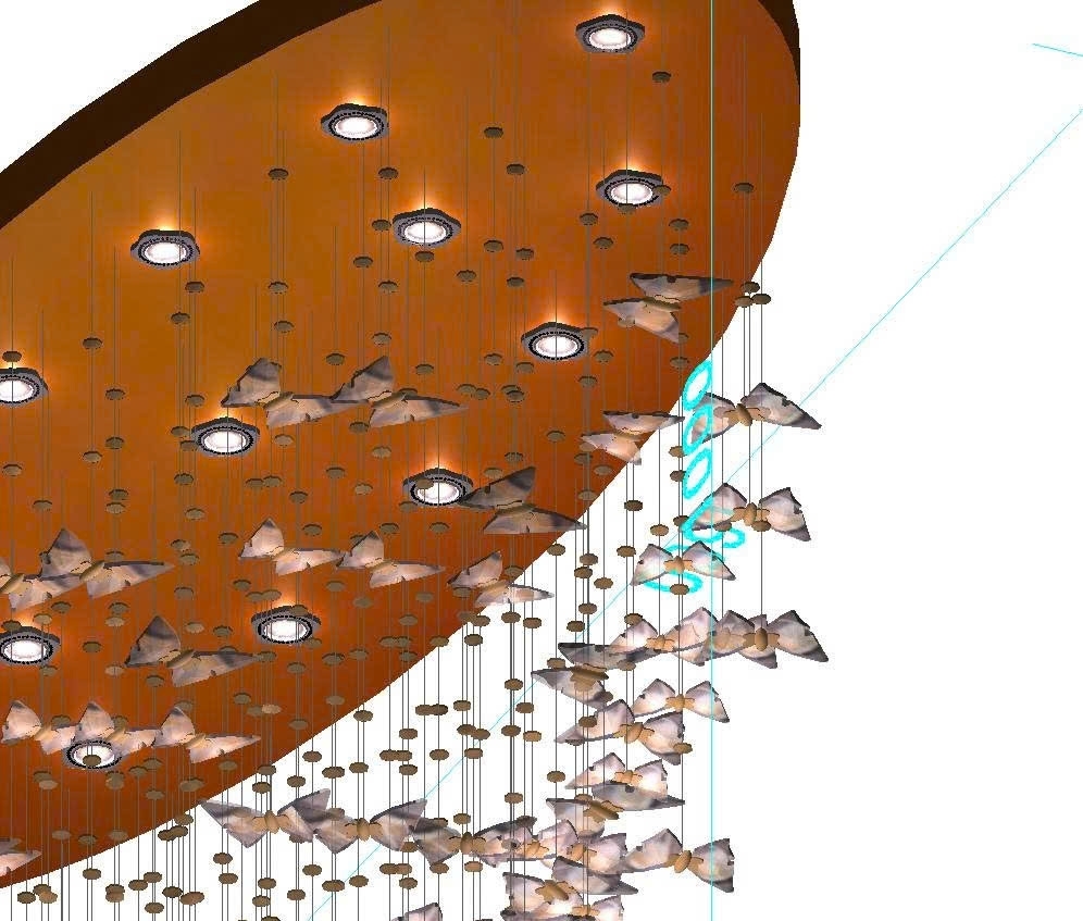 Đèn chùm pha lê thả thông minh PL064 gồm mâm Elip inox gương vàng 8k, 115 bướm và 15 đèn dimmer 3 màu điều khiển xa D40, KT(mm): L1800xW600xH1000